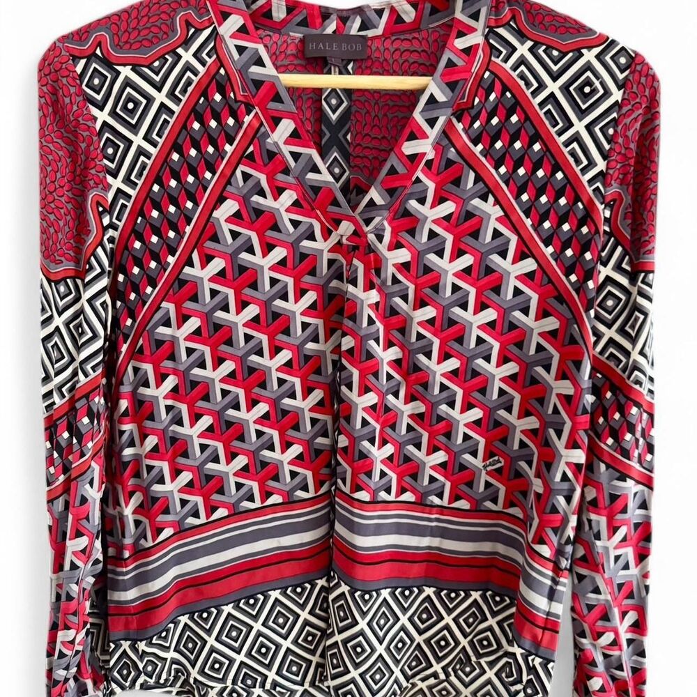 Hale Bob Silk Blend Red Geometric Print Blouse L - NWOT